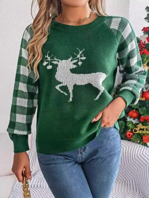 Casual Plaid Deer Long Sleeve Pullover for Autumn Winter