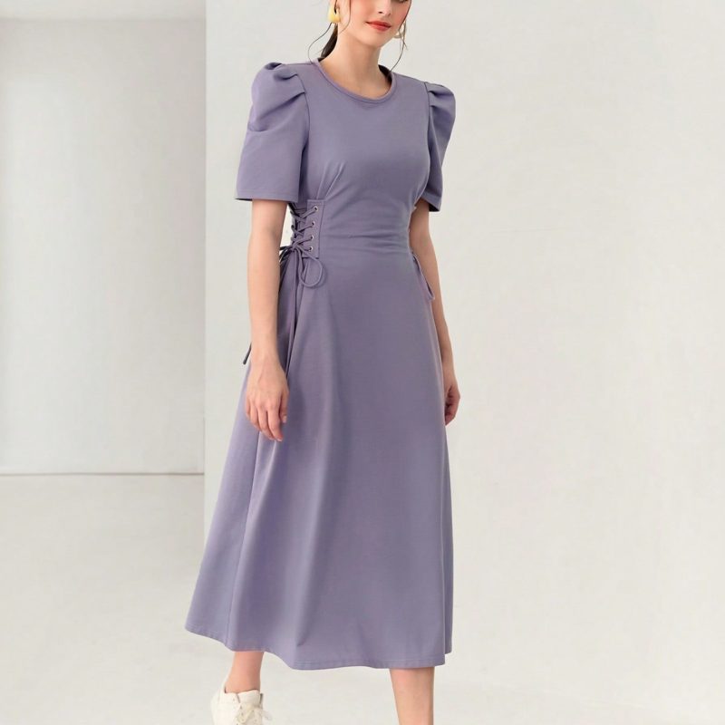 Elegant Solid Color Dress with Puff Sleeves and Loose Waist Trimming - Image 4