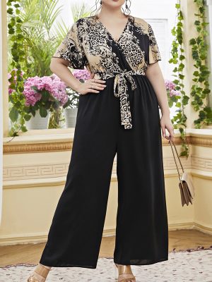 Vintage V-Neck Jumpsuit – Lace-Up Waist & Wide Leg Pants