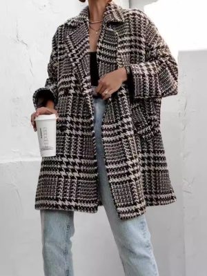 Autumn Winter Thick Loose Plaid Houndstooth Woolen Coat for Women