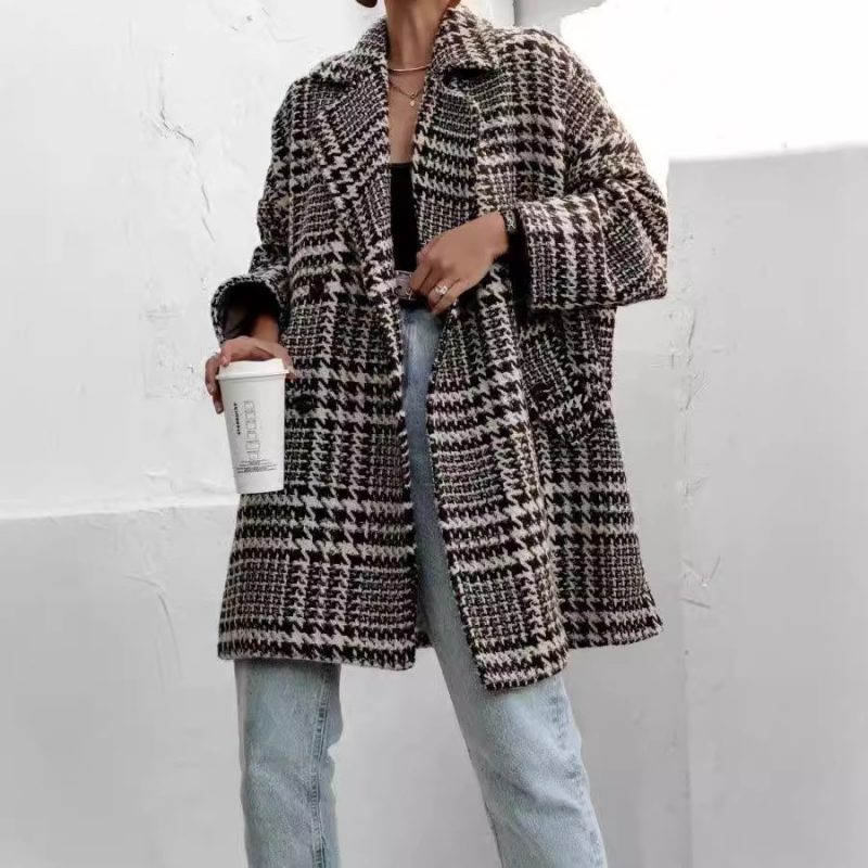 Autumn Winter Thick Loose Plaid Houndstooth Woolen Coat for Women