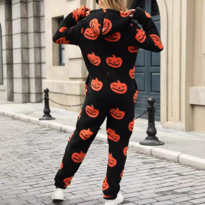 Women’s Autumn Winter Halloween Pumpkin Print Loose Zip Plush Jumpsuit - Image 2