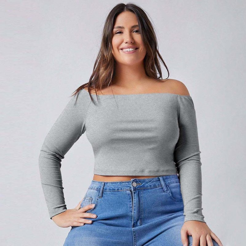 Plus Size Off-Neck Long Sleeve T-Shirt for Women - Slim Fit - Image 4