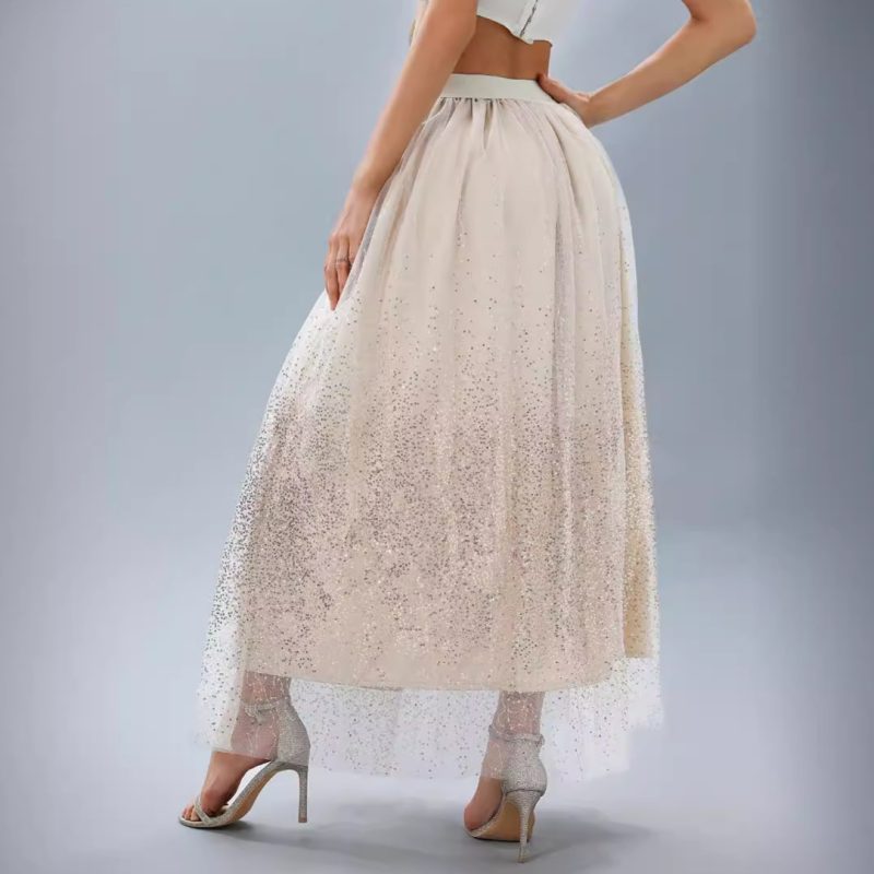 Spring Summer Women’s Flash Velvet High Waist Pleated Gradient Mesh Sequin Skirt - Image 2