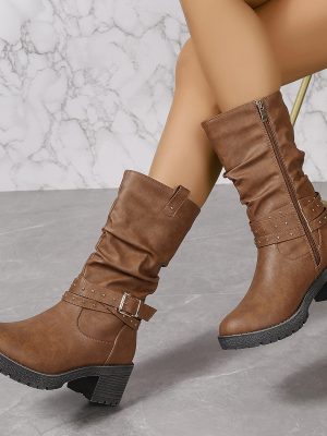 Brown Pleated Side Zipper Rivet Mid-Calf Chunky Heel Casual Boots for Women