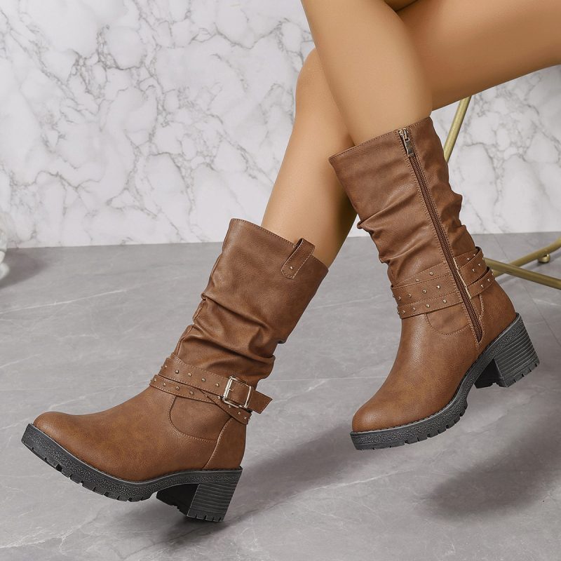 Brown Pleated Side Zipper Rivet Mid-Calf Chunky Heel Casual Boots for Women