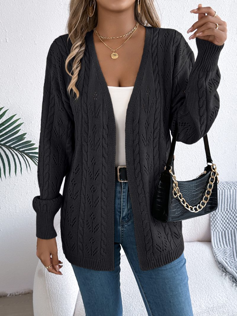 Casual Solid Color Hollow Out Cutout Long-Sleeve Cardigan Sweater Coat for Women - Image 4