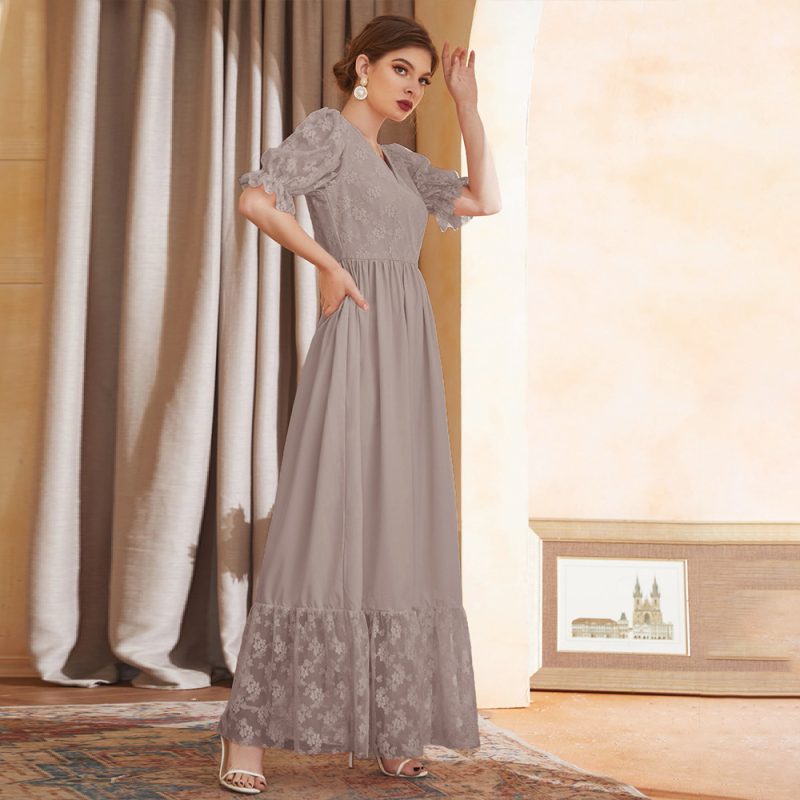 Short Sleeve Lantern Sleeve V-Neck High Waist Embroidered Mesh Maxi Dress - Image 3