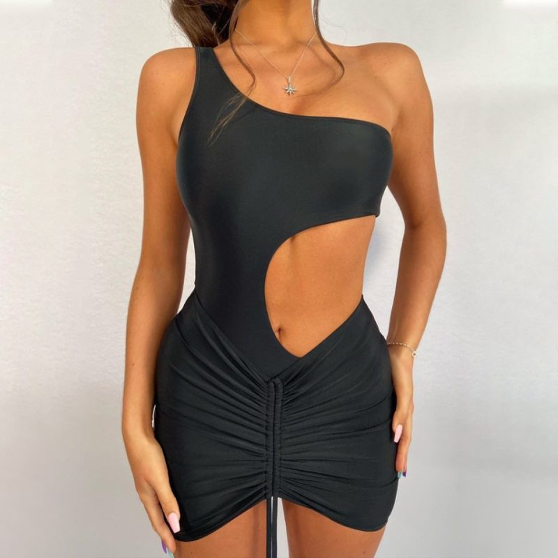Cutout Cropped Pleating One Shoulder Sexy Siamese Two-Piece Dress for Women - Image 2