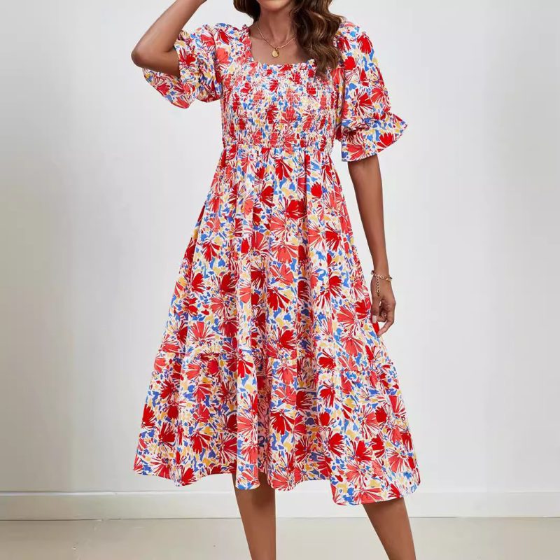 Pleated Square Collar Puff Sleeve Smocking Printed Dress - Image 2