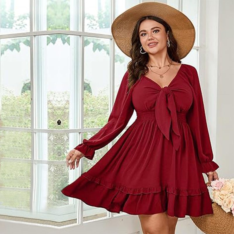 Plus Size Wine Red Midi Dress – Elegant Fall Winter Intellectual Style - Image 3