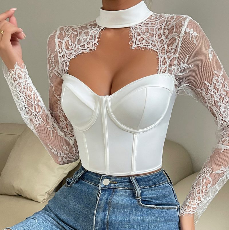 Women’s Elegant Slim Lace Long Sleeve Low Cut Top - Autumn Winter