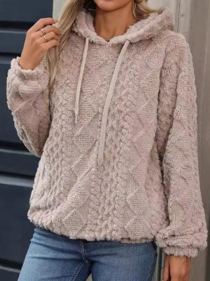 Women’s Autumn Winter Plush Jacquard Fabric Long Sleeve Loose Hooded Pullover Sweater