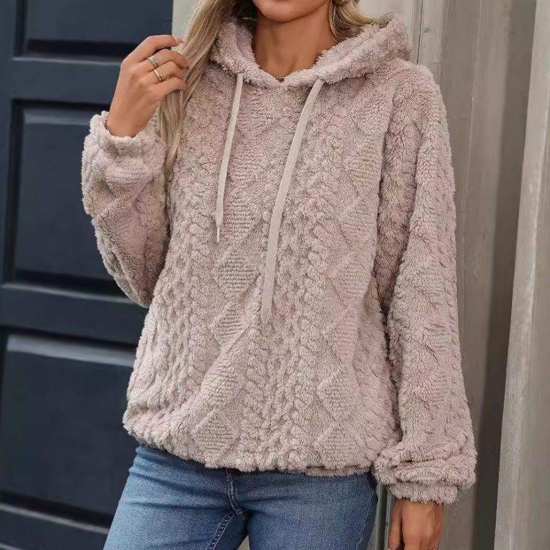 Women’s Autumn Winter Plush Jacquard Fabric Long Sleeve Loose Hooded Pullover Sweater
