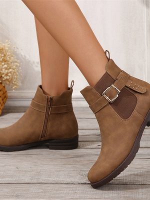 Elastic Buckle Side Zipper Flat Boots for Women