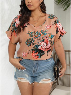 Plus Size Floral Print Round Neck Short Sleeve Chiffon Shirt