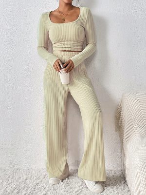 Knitted Round Neck Long Sleeve Casual Wide Leg Pants Set for Women