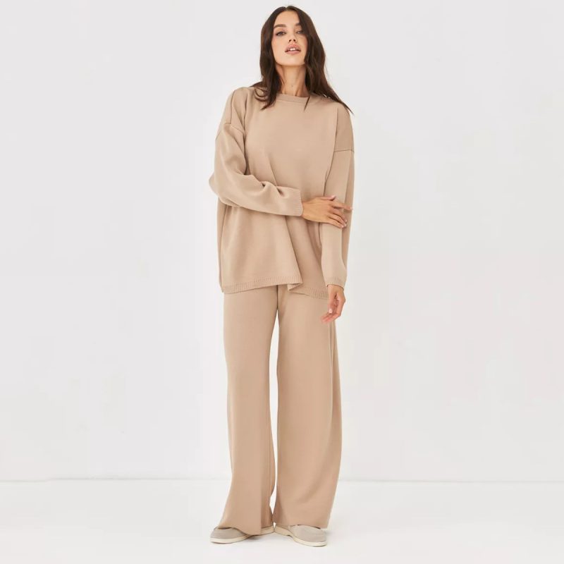 Solid Color Round Neck Sweater and Knitted Trousers Set – Casual Two-Piece - Image 4