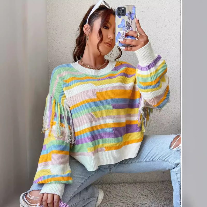 Custom Round Collar Striped Sweater Coat for Women - Image 2