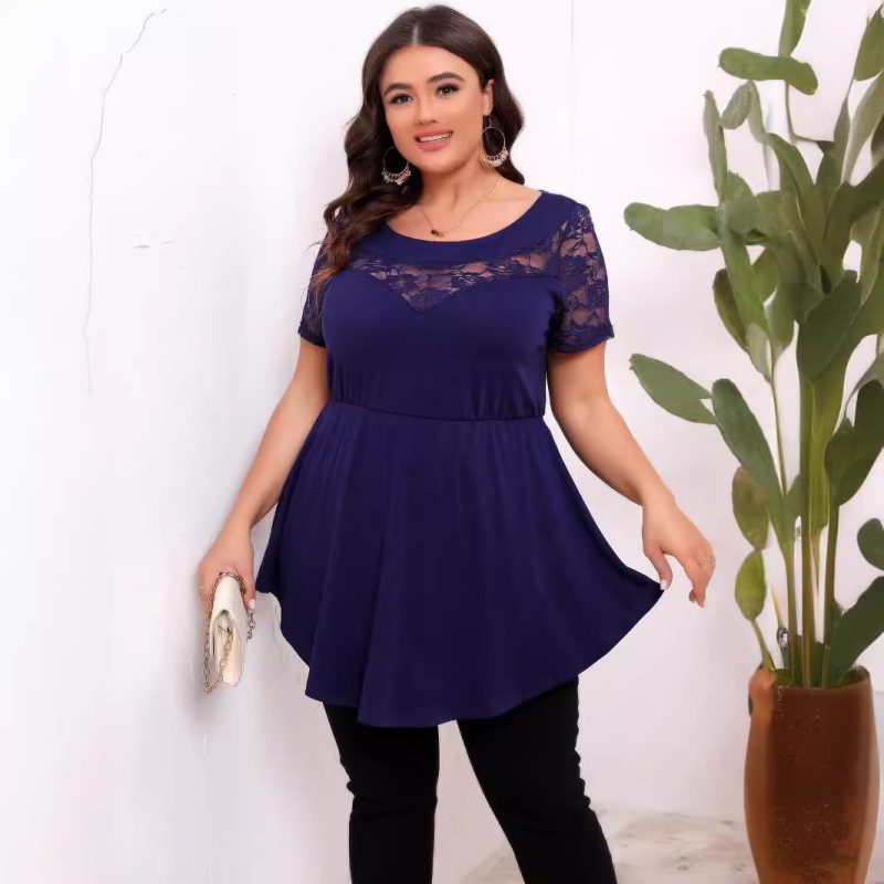 Plus Size Women’s Elastic Lace Patchwork Waist Slimming Round Neck Short Sleeve Top - Image 2