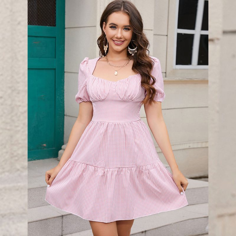 Fresh Tartan Square Collar Puff Sleeve A-Line Holiday Dress