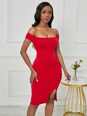 Women’s Off-Shoulder Bandeau Slit Hemline Dress – Lace-Up Back