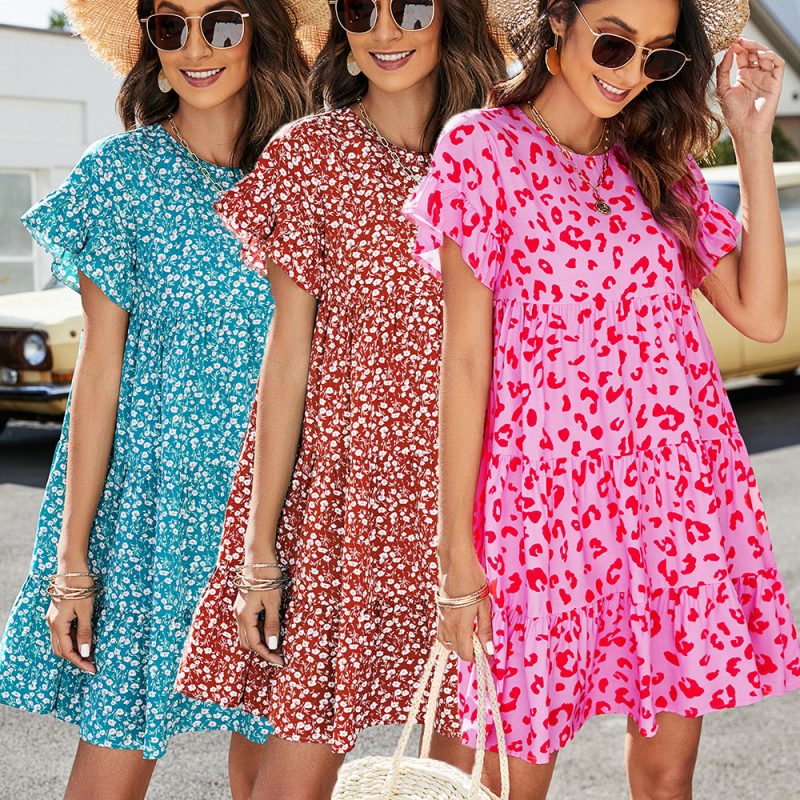 Summer Leopard Print Floral Crew Neck Loose Dress for Women - Image 4