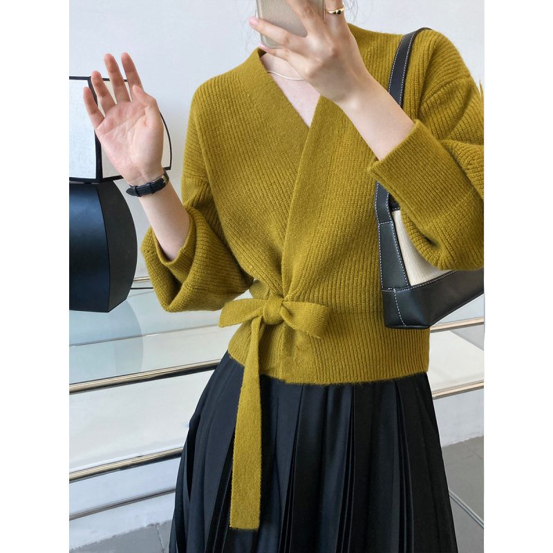 French Retro V-Neck Lace-Up Knitted Cardigan for Women - Image 3