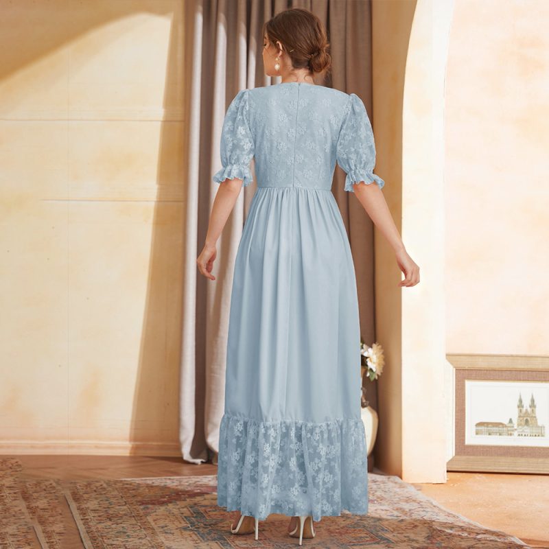 Short Sleeve Lantern Sleeve V-Neck High Waist Embroidered Mesh Maxi Dress - Image 5