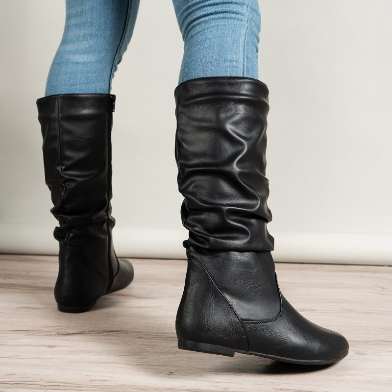 Pleated Faux Leather Casual Round Toe Ankle Boots for Women - Image 3