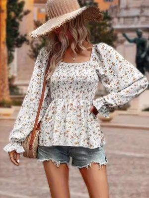 Spring Floral Long Sleeve Top with Square Collar