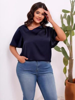 Plus Size Satin Silk Oblique Shoulder Ruffle Sleeve Office Top