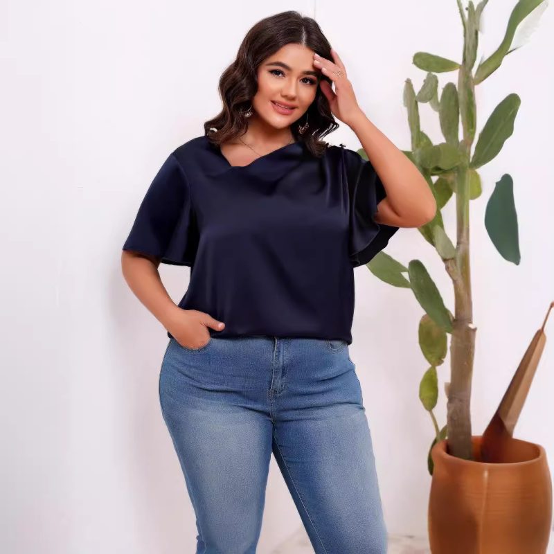 Plus Size Satin Silk Oblique Shoulder Ruffle Sleeve Office Top