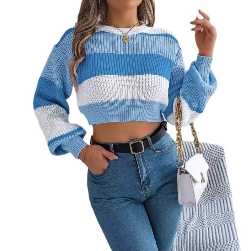 Casual Color Matching Lantern Sleeve Cropped Pullover Sweater for Women - Image 3