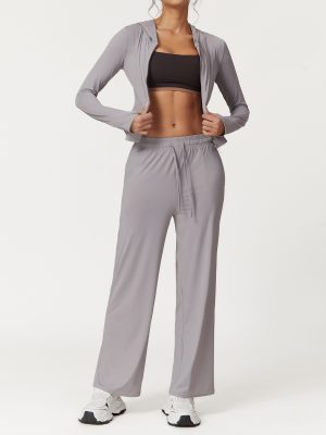 Solid Color Long Sleeve Top & High Waist Wide Leg Pants Yoga Suit