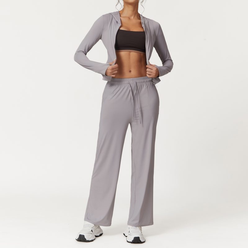 Solid Color Long Sleeve Top & High Waist Wide Leg Pants Yoga Suit