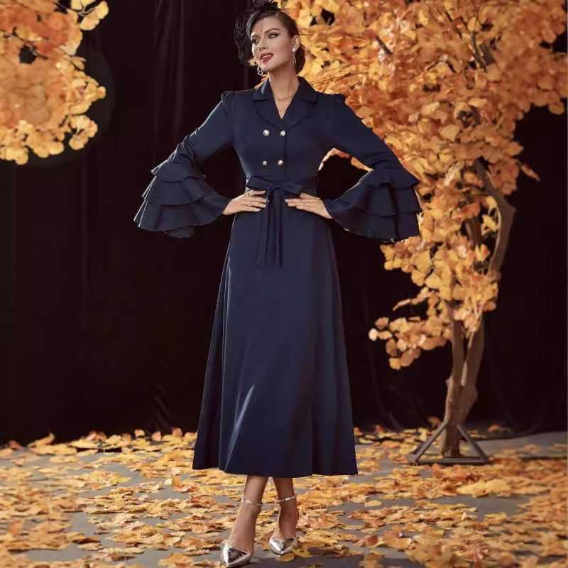 Women Autumn Winter Double Breasted High Waist Trench Coat Dress - Image 4