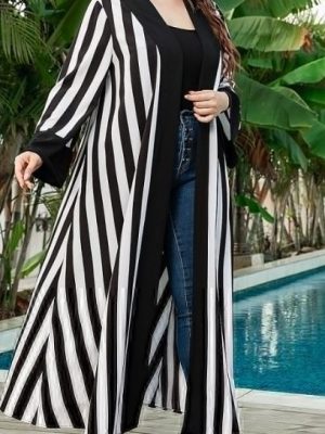 Plus Size Casual Striped Color Matching Cardigan Coat for Women