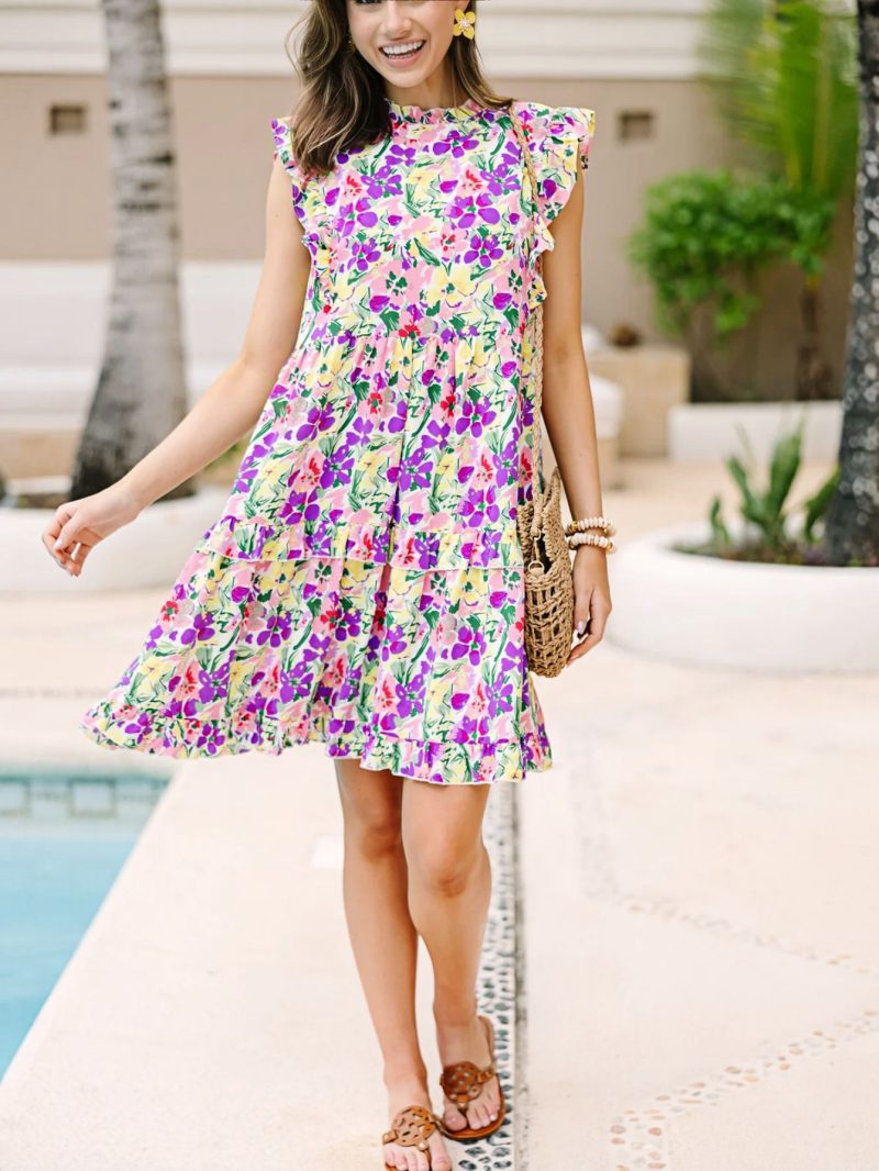 Printed Ruffle Sleeve Tiered Dress - Slimming Wooden Ear Collar - Image 2