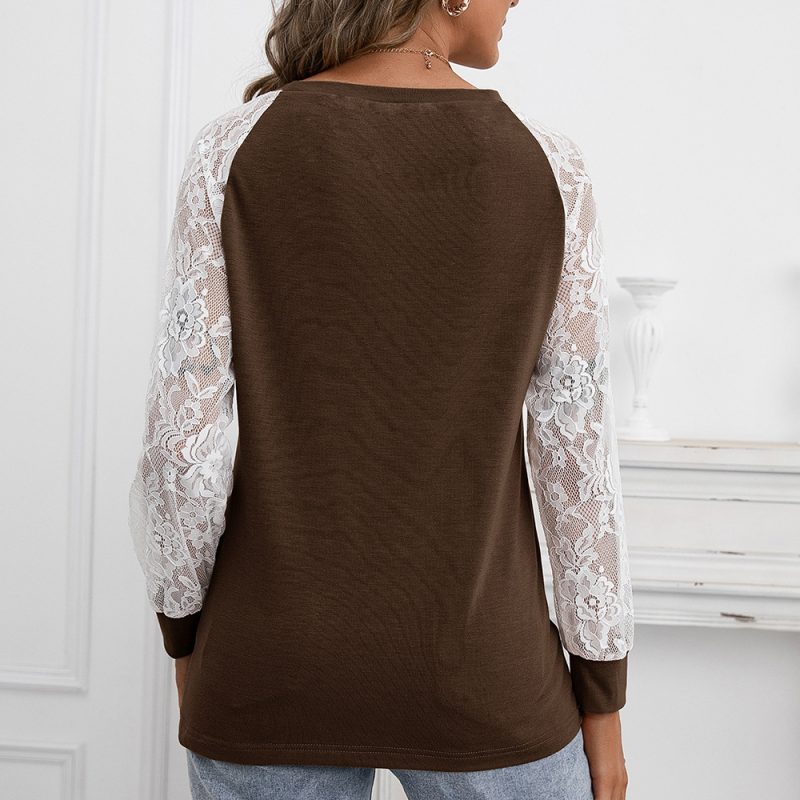Hollow Out Lace Stitching Long Sleeve Round Neck T-Shirt for Women - Image 3