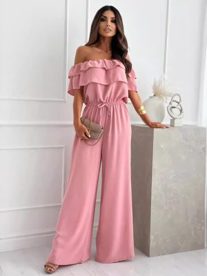 Summer Ruffled Off-Shoulder Jumpsuit: Women’s Solid Color Office Outfit