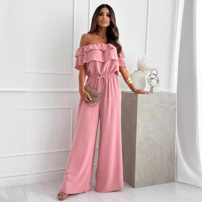 Summer Ruffled Off-Shoulder Jumpsuit: Women's Solid Color Office Outfit