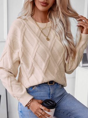 Women’s Diamond Knit Pullover – Loose Fit Round Neck Sweater