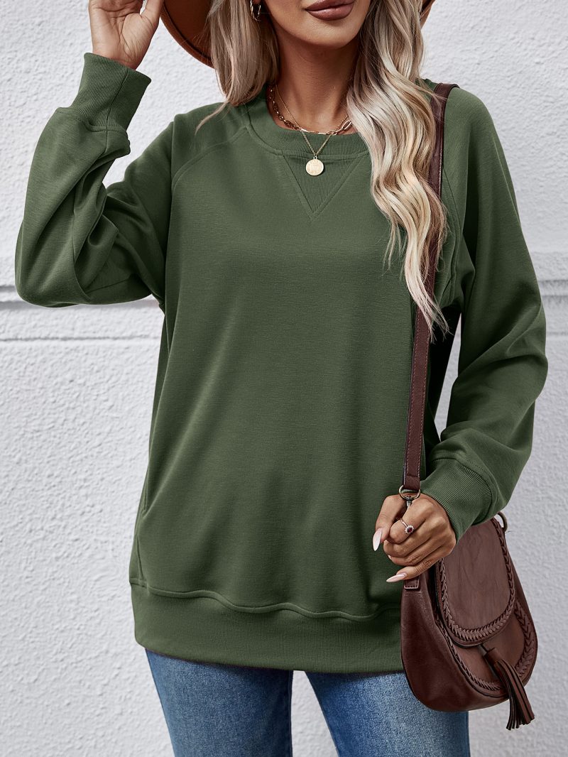 Solid Color Round Neck Long Sleeve Pocket Sweater for Women - Image 2
