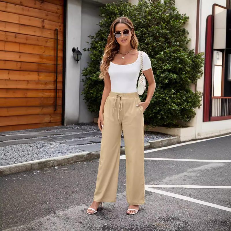 Breathable Cotton Linen Wide Leg Pants for Women - Drawstring & Pockets