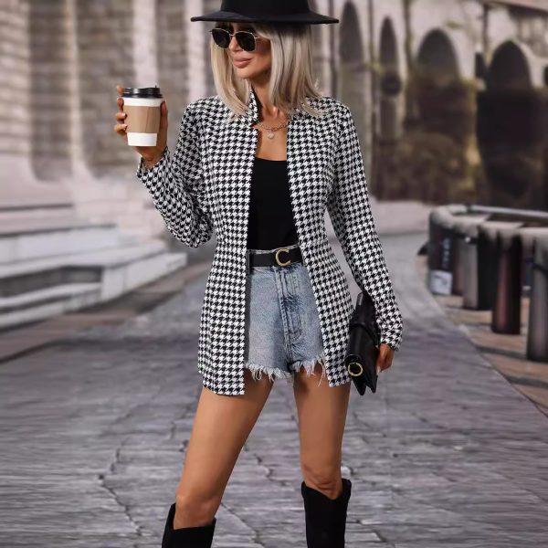 Autumn Winter Houndstooth Long Sleeved Mid-Length Cardigan Coat for Women - Image 3