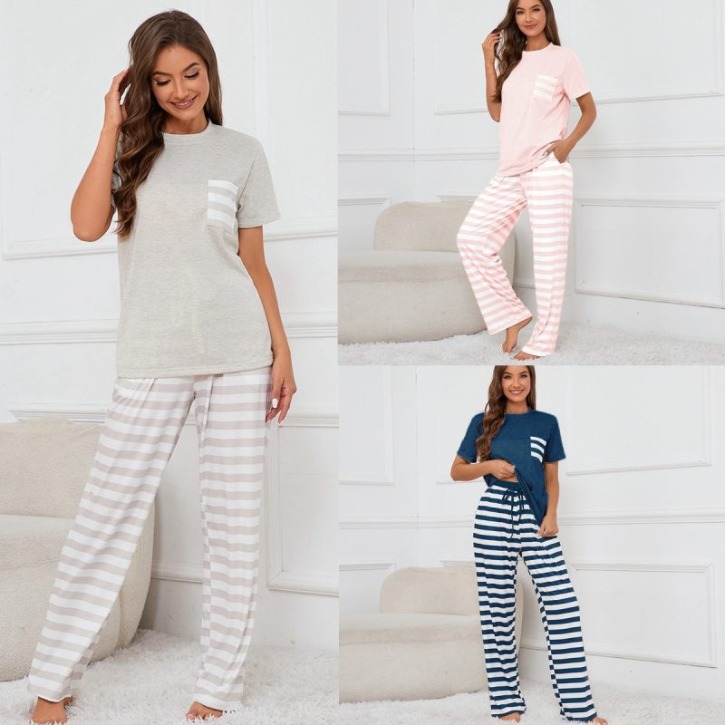 Real Shot Round Neck Short Sleeve Top with Striped Printed Lace Trousers Pajamas Suit - Image 4