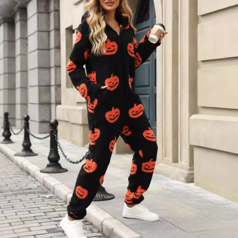 Women’s Autumn Winter Halloween Pumpkin Print Loose Zip Plush Jumpsuit - Image 3