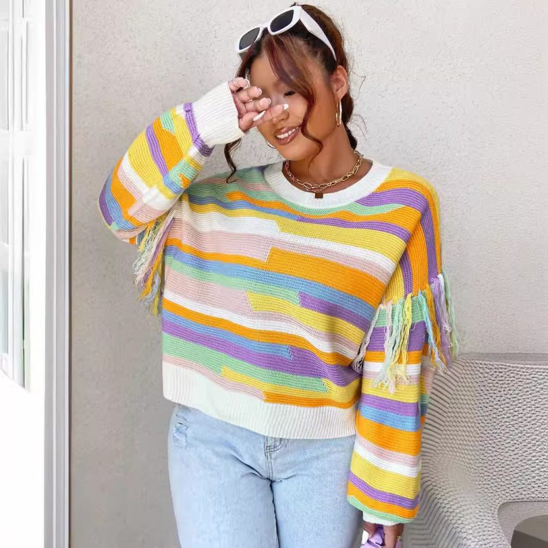 Custom Round Collar Striped Sweater Coat for Women - Image 3