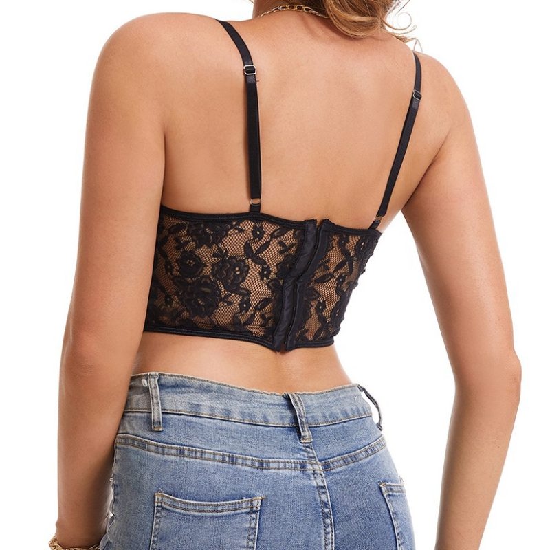 Sexy Mesh Low Cut Black See-Through Backless Cropped Lace Bra - Image 4